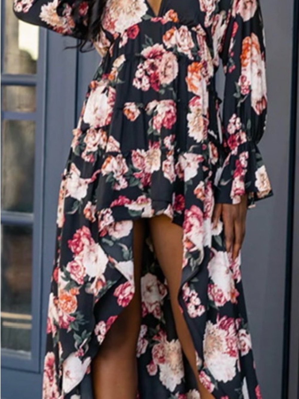 NWOT Buddy Love Floral High‑Low Lennon Dress in Black with Pink Blooms